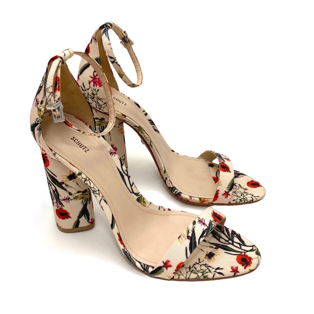 Schutz Jeannine Floral Strap Block High Heel in Nude Beige Size 9.5 New with Tag - Picture 5 of 11
